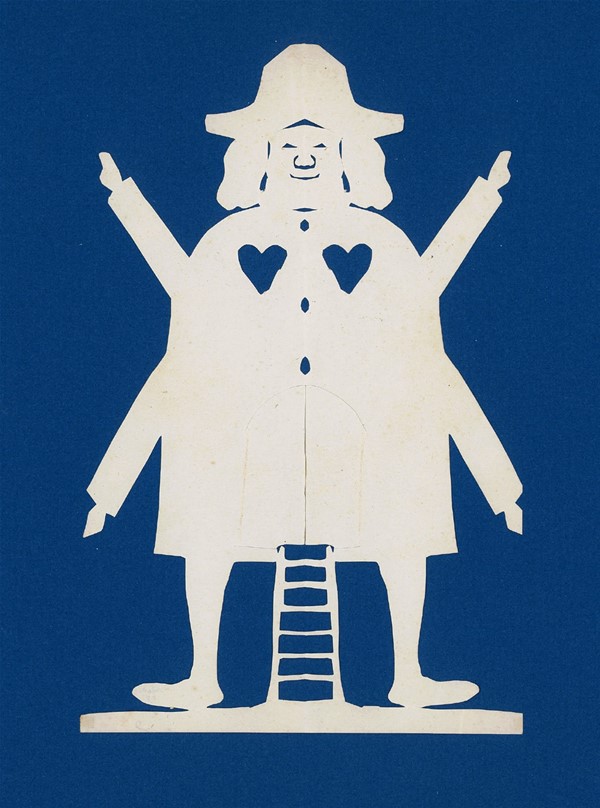 H.C. Andersen-klip: Møllemand med hat - trappe og to hjerter. (Klip i hvidt papir)